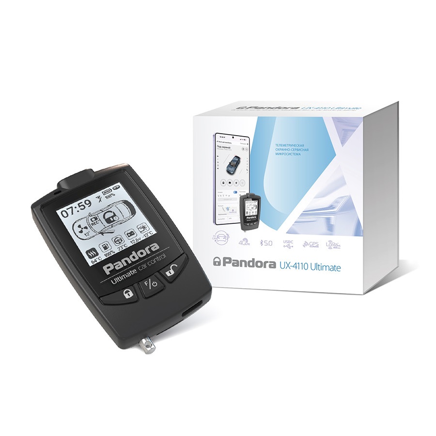 Автосигнализация PANDORA UX 4110 Ultimate [4G/LTE/3G/2G, BT5.0, HX, 2хCAN/FD, LIN, IMMO-KEY, CLONE, GPS/ГЛОНАСС, USB type C, бр. R-500BT, LCD D060 Ultimate, RMD-5M, PS-330]