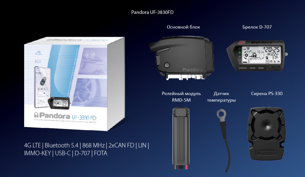 Автосигнализация PANDORA UF 3830 FD [4G/LTE/2G, SIM-чип+Nano-Sim, BT5.0, 2хCAN FD, LIN, IMMO-KEY, CLONE, USB-C, брелок LCD D707, RMD-5M, PS-330, бипер]